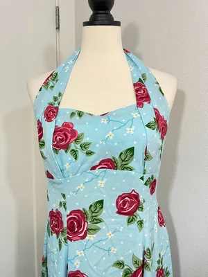 Hell Bunny Vixen 50s Rockabilly Blue Rose Halter Swing Dress thumbnail 2