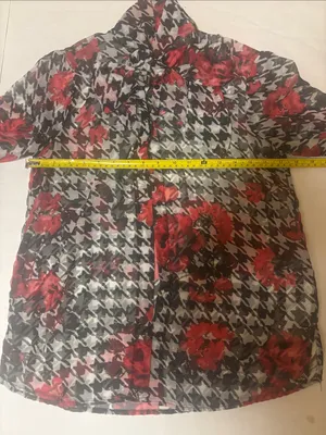 Zara Roses Print Houndstooth Semi-Sheer Blouse with Red Floral Print XS Floral thumbnail 6