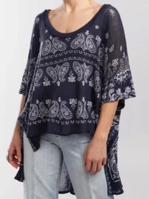 EUC Free People No Matter What High/Low Paisley Top Blue Oversized Small thumbnail 1