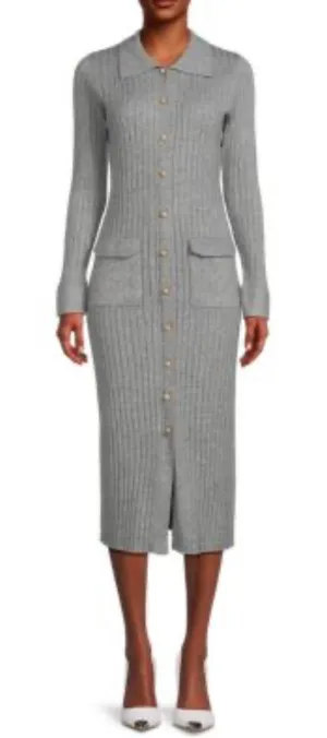 Nanette Lepore Ribbed Knit Collared Button gray Midi Dress‎ S classic body con thumbnail 1