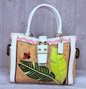 Vintage rare Coach Straw ladybug leaf tote bag purse rhinestone handbag summer thumbnail 1