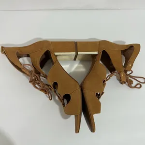 Stradivarius Lace Up Block Heels Camel Brown & Gold Size 38 thumbnail 6