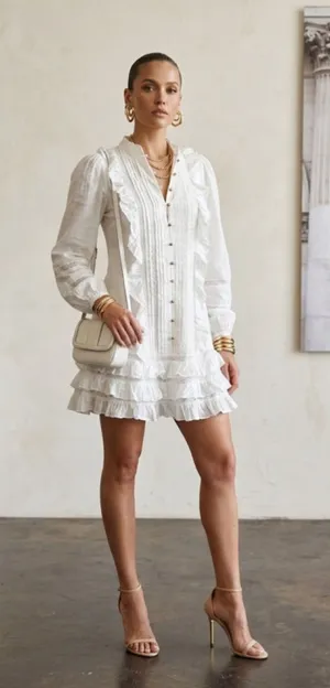 White Ruffle Mini Dress Glam Coastal Boho Lace Long Sleeve Tuxedo Pleat Sz M thumbnail 1