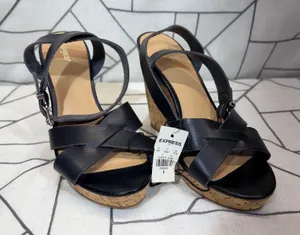 Express Wedge Sandals 10 Black Cork Platform‎ Strappy Buckle Heels nwt thumbnail 1