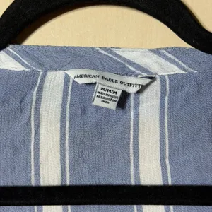 American Eagle Outfitters Women M Blue White Striped Ruffle Lace Up Blouse Boho thumbnail 3