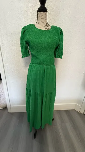 Boho Green Smocked Maxi Dress - Puff Sleeve Tiered Long Dress - Size S thumbnail 5