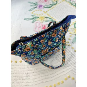 Blue‎ Floral Quilted Cotton Tote Bag Zippered Shoulder Bag with Pockets thumbnail 7
