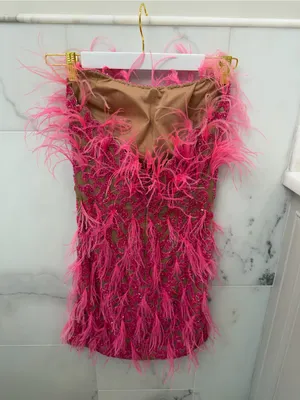 Strapless Hot Pink Feather-Trim Mini Dress thumbnail 3