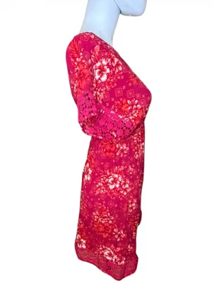 Pink Rose Red Floral V-Neck Mini Dress thumbnail 3