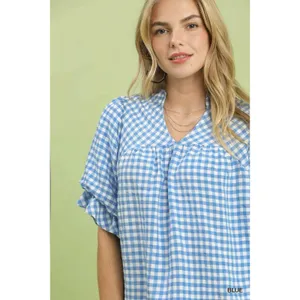 Umgee Gingham Check Blouse with Ruffle‎ Sleeves - Medium thumbnail 4