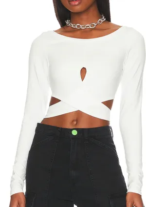 Lovers + Friends White Wrap Crop Top XS Waist Tie Long Sleeve Cut Out $105 NEW thumbnail 1