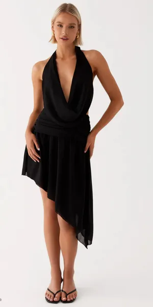 Peppermayo Black Elysia Chiffon Cowl Neck Halter Asymmetrical Hem Dress thumbnail 1