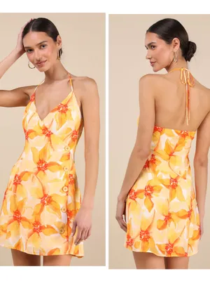 Lulus Prue Orange Floral Halter Mini Dress Size large Sleeveless V Neck Vacation thumbnail 2