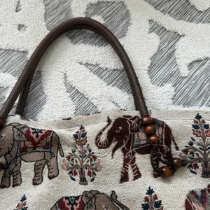Handmade Elephant Embroidered Tote Bag - Brown Mahogany Beige 15”x15”x4” EUC thumbnail 2