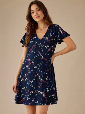 Ann Taylor Dress Short Sleeve Navy Floral Knee Length Small Cottage thumbnail 1