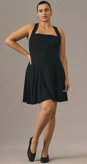 NWT Ruched Square-Neck Black Mini Dress. Size Large thumbnail 1