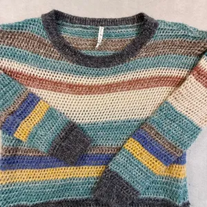Willow & Clay Womens Striped Open Knit Mohair Blend Sweater Twee Whimsical Small thumbnail 1