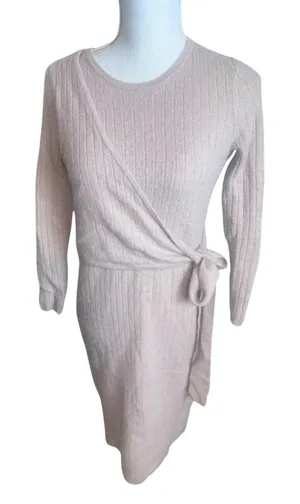 Antonio Melani Beige 100% Cashmere Wrap Sweater Dress Sz M Ribbed Knit Midi thumbnail 1