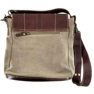 Myra Bag Sage Green Canvas and Brown Leather Messenger Tote Crossbody Bag thumbnail 7