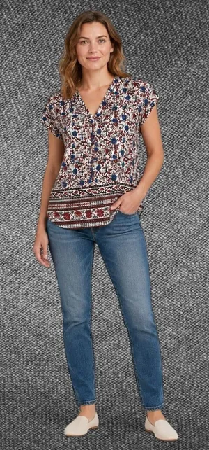 Lucky Brand Women’s Small Floral Border Print V-Neck Cotton Modal Top thumbnail 1