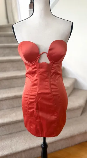 NWT Oh Polly Orange Coral Satin Strapless Bustier Bodycon Mini Dress Club Party thumbnail 1