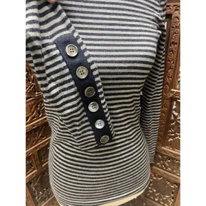 J. Crew XS Sweater Blue Gray Stripe Button Detail‎ Merino Wool thumbnail 3