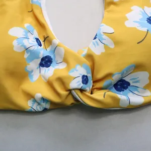 Yellow Floral Padded Halter Tie‎ Knot Boho Swim Sports Bra Bikini Top L Large thumbnail 3