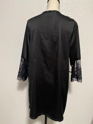 Coquette Womens Short Satin Black Robe with Eyelash Lace Sleeves One Size thumbnail 4