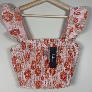 Lulus Womens Floral‎ Smocked Crop Top Small Dusty Pink Gold Metallic Ruffle NEW thumbnail 5