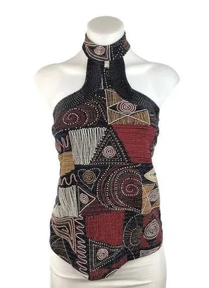 Vintage African Renaissance Multicolor Beaded Embroidered Halter High Neck Top M thumbnail 1
