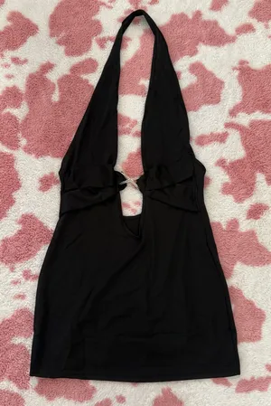 Black Backless Halter Top with Silver Clasp – Y2K Deep Plunge Longline Going Out Top Small 🔥 thumbnail 1