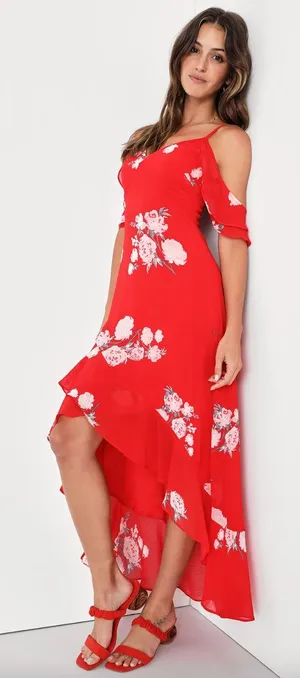 Lulus Love in Bloom Red Floral Print Off-the-Shoulder High-Low Dress Size XS thumbnail 1