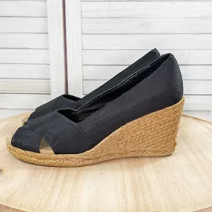 White Mountain Dupioni Fabric Peep Toe Espadrille Wedge‎ Heels Black 9 thumbnail 3