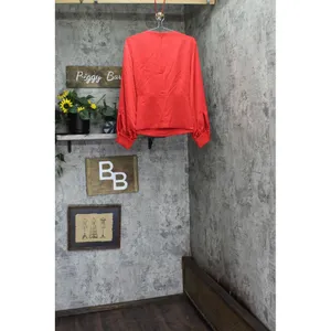 Halston Womens Satin Surplice-Draped Cross Over Neck Blouse Top Bright Red L thumbnail 2