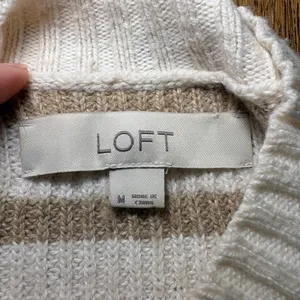 LOFT Mock Neck Striped Sweater Size Medium Flare Long Sleeve‎ White Brown Wool thumbnail 4