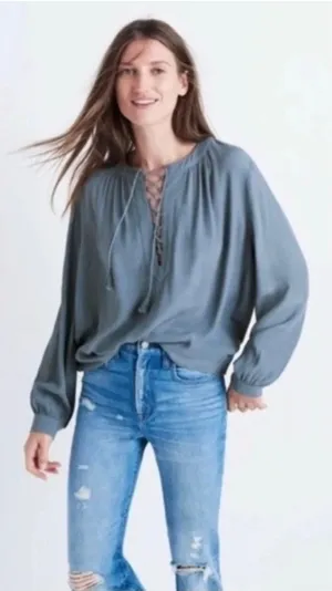 Madewell Size M Blouse‎ Lace Up Front Detail Long Sleeve Dusty Rose Top Women thumbnail 1