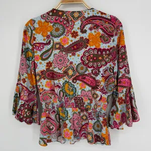 1.STATE Paisley Bell Sleeve Peplum Blouse Large Blue Pink Boho Festival‎ Hippie thumbnail 6