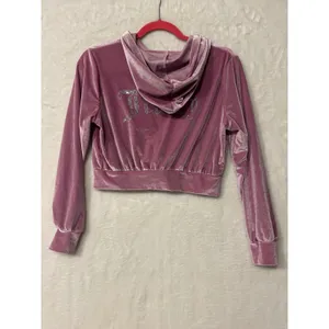 Juicy Couture Velour‎ Cropped Zip Up Hoodie Rhinestone Logo Mauve Pink Medium thumbnail 3