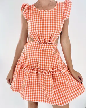 SheIn Women’s Orange Gingham Cut Out Open Back Tie Ruffle Dress Size XS thumbnail 1