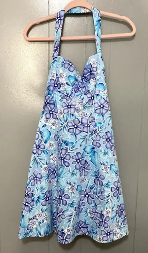Vintage City Triangles Blue Floral Hawaiian Y2K 90s Coconut Girl Halter Dress 10 thumbnail 1