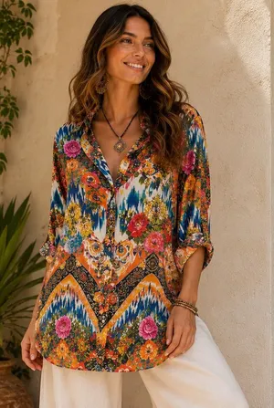 Brazilian 100% Viscose Mixed Print Boho Art Blouse Floral Eclectic L Dopamine thumbnail 1