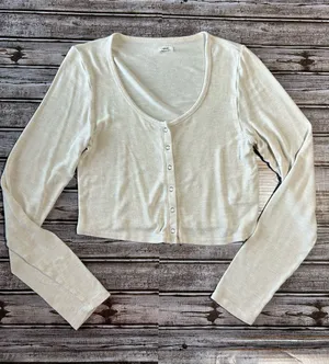 aerie Cream Cropped Button-Front Long Sleeve Top thumbnail 1