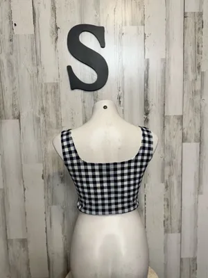 C-Mode Gingham Plaid Square Neck Crop Top Womens S Navy Blue White Tank thumbnail 3