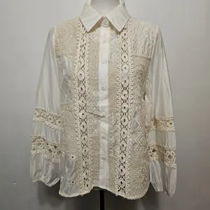 Fashion Apparel Blouse S/M Ivory Lace Patchwork Boho Eyelet Button Down Cottage thumbnail 2
