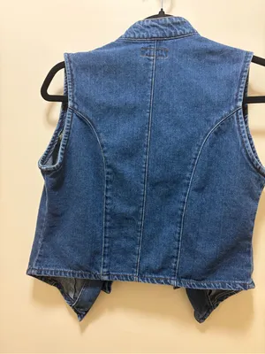 Vintage Military-Inspired Blue Denim Vest with Black Trim thumbnail 3