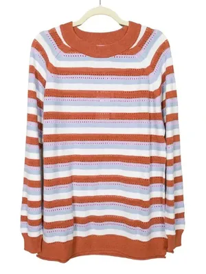 Pastel Stripe Pointelle Lightweight Knit Sweater Coastal Grandma Boho Size M NWT thumbnail 1