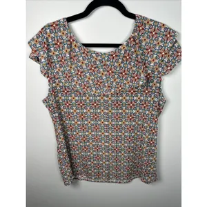 Amang NY Top Womens XL Peasant Boho V-neck Cap Sleeve Stretch‎ Colorful thumbnail 6