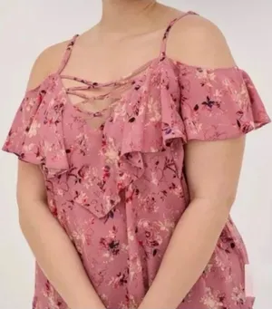 Torrid Georgette Pink Floral Off Shoulder Lightweight Flowy Ruffled Blouse Sz L‎ thumbnail 1
