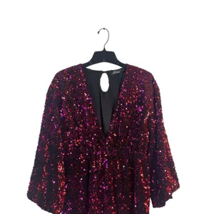 Motel Red & Burgundy Sequin Long Sleeve Romper Women’s M Deep V Party Club thumbnail 2