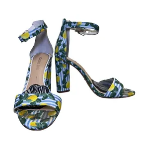 Gianni Bini Joenah Lemon Print Ankle Strap Block Heel Sandals Size 6 Blue White thumbnail 7